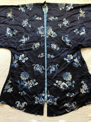Antique 19th Century Qing Dynasty Embroidered Silk Robe Moths Florals Chinese 4