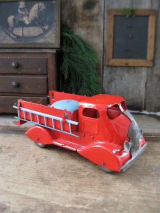 Antique Tin Toy Blue & Red Fire Truck Made In England