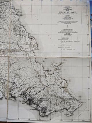 1938 TOPOGRAPHIC MAP of Island of Oahu,  City & County of HONOLULU,  WWII.  LOOK 3