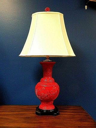 34 " Tall Exquisite Chinese Cinnabar Vase Lamps With Cinnabar Finials