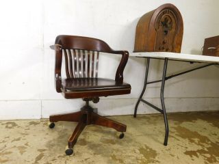 Antique VTG 1940s Mahogany Rolling Swivel Tilt Bankers Lawyer Windsor Desk Chair 12