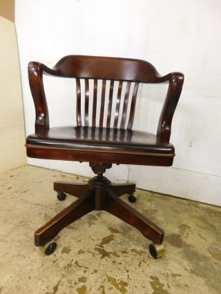 Antique Vtg 1940s Mahogany Rolling Swivel Tilt Bankers Lawyer Windsor Desk Chair