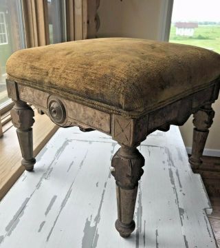 Antique Vintage Victorian Style Hand Carved Wood Upholstered Footstool Ottoman