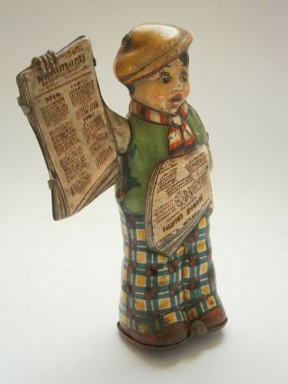 Antique German Tin Toy Newspaper Boy Clockwork Wind - Up Toy With Key