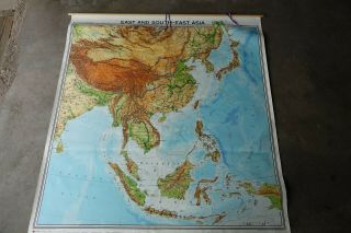 Vintage East & South East Asia Map 1969 Physical School Wall Huge Chart German