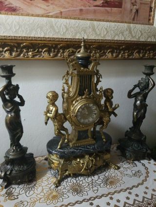 Imperial Italian Mantel Ornate Clock black Marble Bronze/Brass 12