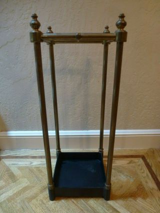 English Edwardian Style Square Brass Cane & Umbrella Stand With Cast Iron Pan
