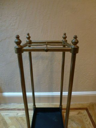 English Edwardian Style Square Brass Cane & Umbrella Stand with Cast Iron Pan 2