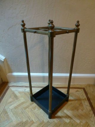 English Edwardian Style Square Brass Cane & Umbrella Stand with Cast Iron Pan 4
