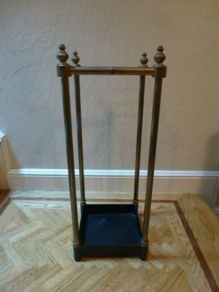 English Edwardian Style Square Brass Cane & Umbrella Stand with Cast Iron Pan 5