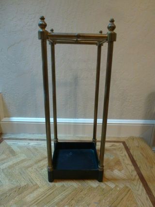 English Edwardian Style Square Brass Cane & Umbrella Stand with Cast Iron Pan 6