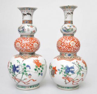 A Pair Chinese Kangxi (1662 - 1722) Famille Verte Porcelain Triple Gourd Vases