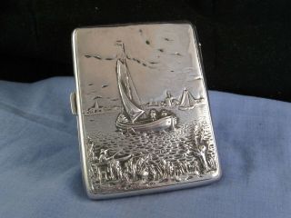 Dutch Silver Antique Cigarette Card Case Pocket Box Fishing Boat Windmill Church