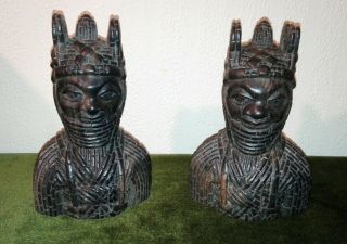 Pair Rare Antique Benin Ebony Wood Carved Figures Heavy Old West African Carving