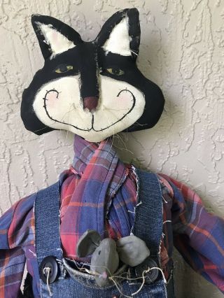 Primitive Folkart Black Kitty Cat doll Fishing 40 inches Cheshire Artist made 2