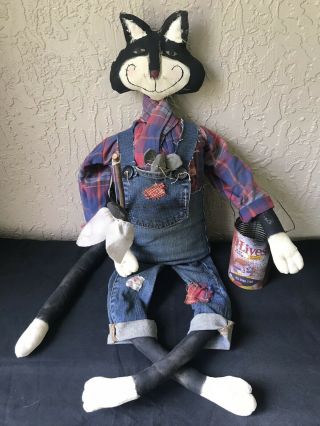 Primitive Folkart Black Kitty Cat doll Fishing 40 inches Cheshire Artist made 3