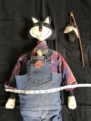 Primitive Folkart Black Kitty Cat doll Fishing 40 inches Cheshire Artist made 5