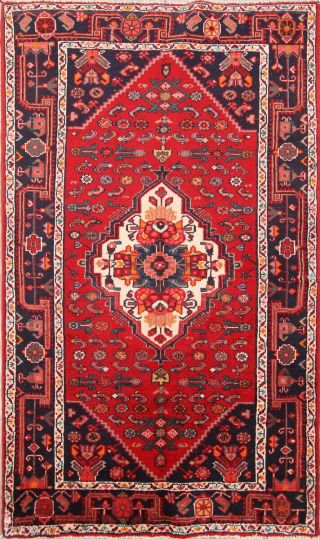 Handmade Red Vintage Geometric Hamedan Oriental 4x7 Traditional Woolen Area Rug