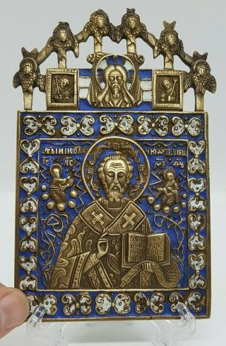 Russia Orthodox bronze icon Saint Nicholas Chudotvorets.  With top part. 5