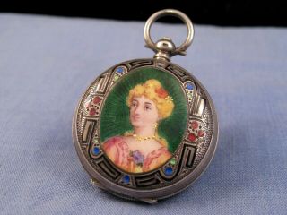 Swiss Silver Enamel Portrait Miniature Antique Pocket Watch Case Box