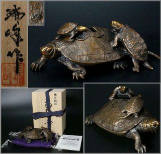 Bi67 Fine Zuiho Japanese Old Bronze Turtle Censer W/box Tortoise Ornament
