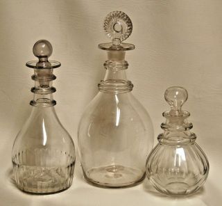 3 - Antique 18th Century Georgian Clear Blown Glass Ringed Neck Decanter Bottles