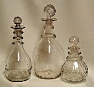 3 - Antique 18th Century Georgian Clear Blown Glass Ringed Neck Decanter Bottles 2