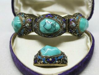 Antique Chinese Large Turquoise Cabs Enamel Sterling Silver Statement Bracelet