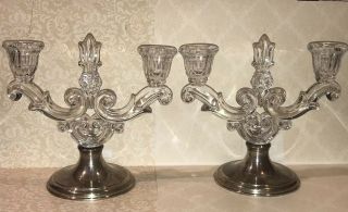 Pair C1903 - 18 Hawkes Steuben Glass Candelabra Sterling Silver Bases Candlesticks