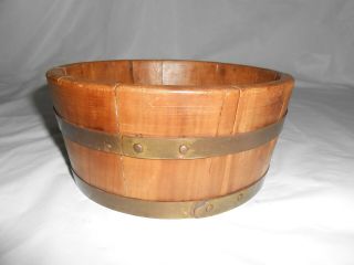 ANTIQUE STAVED WOODEN BOWL DISH BRASS BANDS 8 