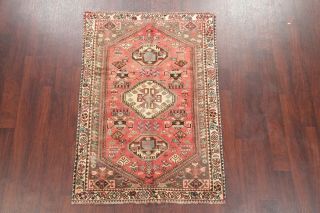 Vintage Tribal CORAL RED Geometric Area Rug Hand - Knotted Oriental Carpet 4 ' x5 ' 2