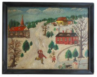 1900s Aafa Antique Folk Art Naive Country Primitive Painting Landscape