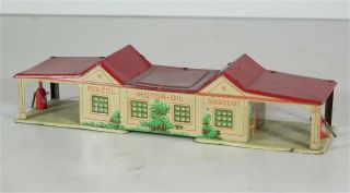 1920s Tin Lithograph Penny Toy Double Bay Service Gas Station By Cko Kellermann