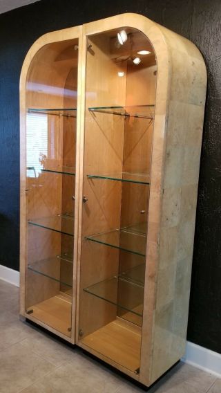 Mid - Century 80 ' s Henredon Burl Maple & Glass lighted Display Case/Curio Cabinets 4