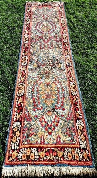 Kirman Flowers Vintage Wool Oriental Hand Knotted Rug Runner Carpet 290x77cm