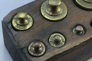 Antique Balance Scale Weights In Wood Block. 3