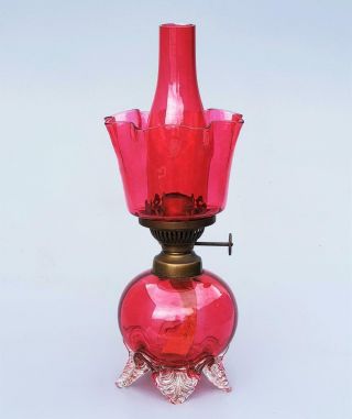 Victorian Dietz Davis Cº Cranberry Glass Bijou Kerosene Oil Night Lamp Miniature