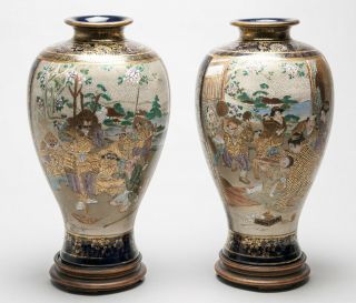 Antique Meiji Japanese Satsuma Ware Vases With Children & Warriors