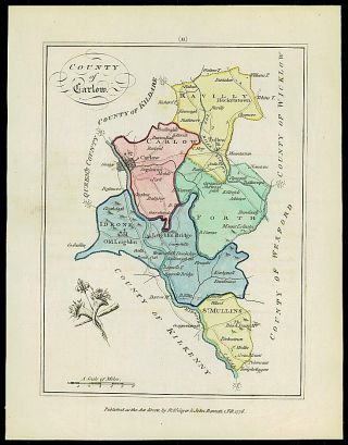 1776 Ireland - Engraved Antique Map Of County Of Carlow With Colour