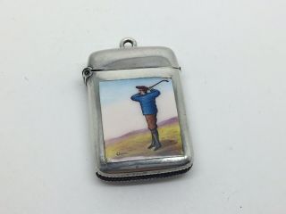 Sterling Silver & Enamel Golfing Vesta Match Safe 1894 Victorian