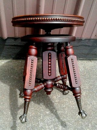 Antique Wooden Swivel Piano Organ Stool Adjustable Height Glass Ball Claw Feet