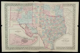 1880 Hand Colored County Map Texas 23 " X 15 " Mitchell Galveston Bay Rare