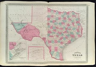 1866 Hand Colored Map Texas Mexico Galveston Bay Rare Johnson Map 27 " X 18 "
