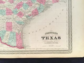 1866 Hand Colored Map TEXAS Mexico GALVESTON BAY Rare JOHNSON MAP 27 