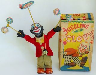 Alps R.  F.  Juggling Clown Afro - American Version Tin Litho Wind Up 10 " Toy W/box
