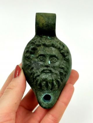 Large Rare Roman Ca.  200 Ad Bronze Oil Lamp With God Hermes Face - R 435