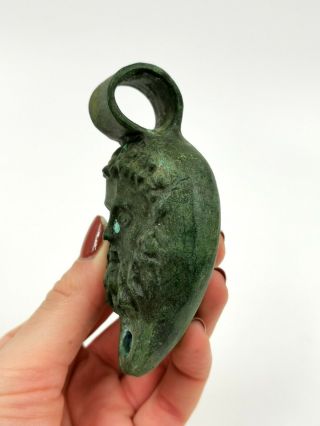 LARGE RARE ROMAN CA.  200 AD BRONZE OIL LAMP WITH GOD HERMES FACE - R 435 2