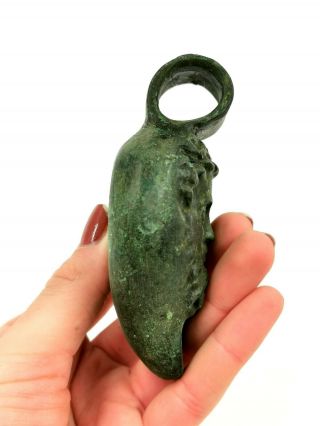 LARGE RARE ROMAN CA.  200 AD BRONZE OIL LAMP WITH GOD HERMES FACE - R 435 4