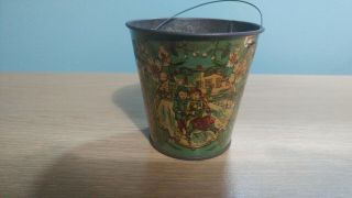 Antique Victorian Tin Litho Sand Pail Children Playing Four Seasons