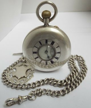Antique 1900 Sterling Silver Half Hunter Pocket Watch & Chain